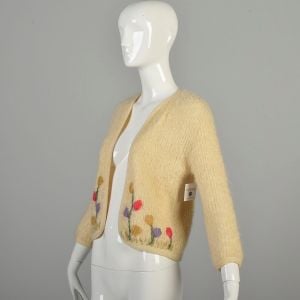 XS 1960s Cream Boucle´ Knit Cardigan Open Front Colorful Spring Floral Bracelet Sleeve Sweater  - Fashionconservatory.com