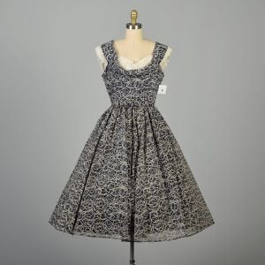 S | 1950s Flocked Navy Blue and White Circular Pattern Party Dress by Natlynn Original