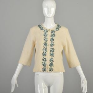 1960s Large Cream Beaded Cardigan Sweater Knit Angora Blend 3/4 sleeves