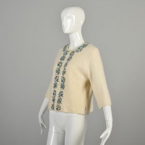 1960s Large Cream Beaded Cardigan Sweater Knit Angora Blend 3/4 sleeves - Fashionconservatory.com