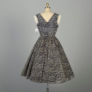 S | 1950s Flocked Navy Blue and White Circular Pattern Party Dress by Natlynn Original - Fashionconservatory.com