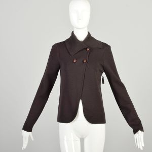Small 2000s Dark Brown Wool Sweater Asymmetrical Rib Knit Collar Long Sleeve Worth Cardigan 