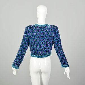 Small 1990s Bolero Jacket Colorful Silk Sequin Evening Cocktail Party - Fashionconservatory.com