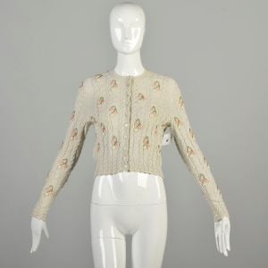 S-M 1980s Cream Sweater Rose Embroidered Cable Knit Dove Gray Long Sleeve Button Front 