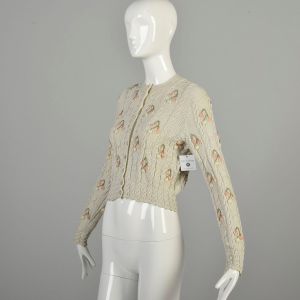 S-M 1980s Cream Sweater Rose Embroidered Cable Knit Dove Gray Long Sleeve Button Front  - Fashionconservatory.com