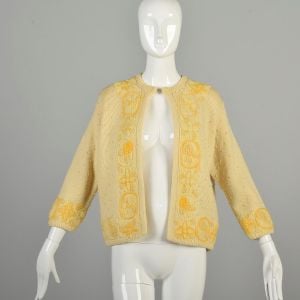 L-XL 1960s Sunny Yellow Cream Wool Sweater Floral Embroidered Border Bubble Dot Texture Pullover 