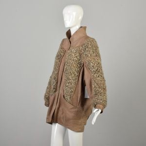 XL 1980s Oversized Brown Leather with Chunky Knit Cocoon Coat Snap Closure Standup Collar - Fashionconservatory.com