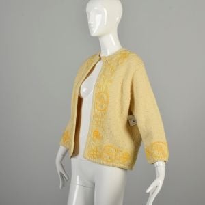 L-XL 1960s Sunny Yellow Cream Wool Sweater Floral Embroidered Border Bubble Dot Texture Pullover  - Fashionconservatory.com