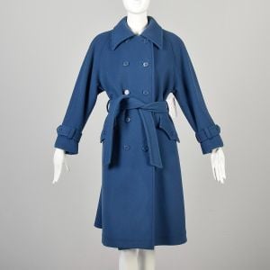  Large 1970s Calvin Klein Blue Wool Winter Coat Double Breasted Trench Outerwear