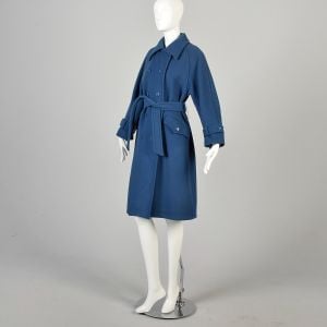  Large 1970s Calvin Klein Blue Wool Winter Coat Double Breasted Trench Outerwear - Fashionconservatory.com