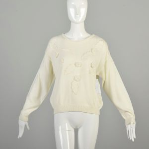 M-L 1980s Cream Knit Sweater Rose Leaf Long Sleeve Cozy Oversized Dropped Shoulder Lucia Pullover 