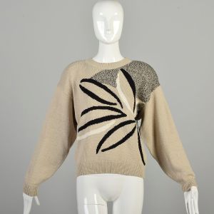 Large 1980s Tan Grey Black Sweater Abstract Leaf Long Sleeve Neutrals Knit Pullover 