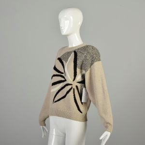 Large 1980s Tan Grey Black Sweater Abstract Leaf Long Sleeve Neutrals Knit Pullover  - Fashionconservatory.com