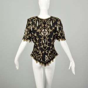 Medium 1990s Black Gold Silver Evening Blouse Beaded Cocktail Party Top - Fashionconservatory.com
