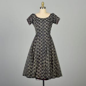 Small 1950s Flocked Dress Short Sleeve Navy Blue
