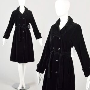 Small 1970s Black Velvet Belted Trench Coat Long Sleeve Fully Lined Very Good Condition