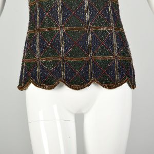 Small 1990s Beaded Evening Blouse Plaid Embellished Top - Fashionconservatory.com