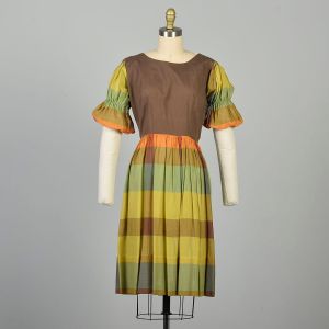 S | 1940s Color Block Orange, Blue, Light Green and Mustard Plaid Cotton Day Dress 