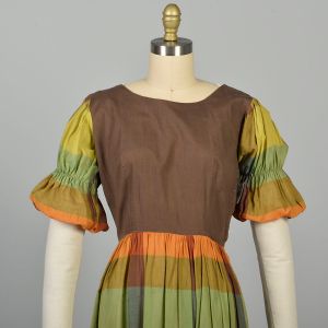 S | 1940s Color Block Orange, Blue, Light Green and Mustard Plaid Cotton Day Dress  - Fashionconservatory.com