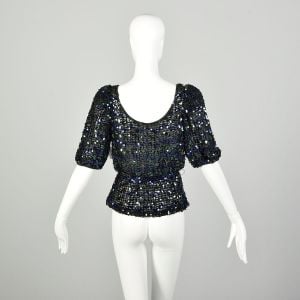 Small 1970s Sequin Disco Party Blouse Sexy Sheer Peplum Evening Top - Fashionconservatory.com