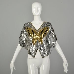 OSFM 1990s Sequin Butterfly Party Blouse Batwing Disco Revival Evening Crop Top