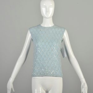 Small 1960s Baby Blue Sleeveless Sweater Vest Iridescent Sequin Diamonds Lightweight Knit 