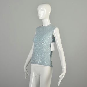 Small 1960s Baby Blue Sleeveless Sweater Vest Iridescent Sequin Diamonds Lightweight Knit  - Fashionconservatory.com