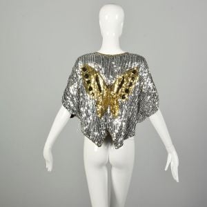 OSFM 1990s Sequin Butterfly Party Blouse Batwing Disco Revival Evening Crop Top - Fashionconservatory.com