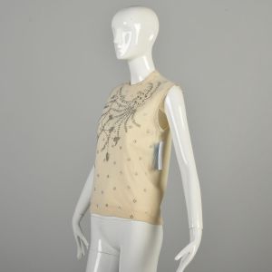 Medium 1960s Cream Angora Wool Beaded Sleeveless Sweater Top Shell - Fashionconservatory.com