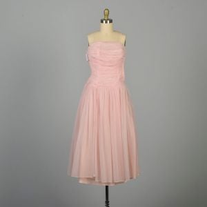 XXS 1950s Dress Pink Barbie Strapless Ruched Party Dress