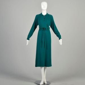 M-L 1980s Green Sweater Dress L.L. Bean Waist Tie Soft Cozy Casual Midi Length Polo Collar 