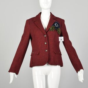 Medium Moschino Cheap & Chic Red Blazer Wool Tweed Yarn Flower Corsage Applique Jacket