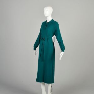 M-L 1980s Green Sweater Dress L.L. Bean Waist Tie Soft Cozy Casual Midi Length Polo Collar  - Fashionconservatory.com