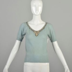 Small 1950s Baby Blue Cashmere Sweater Beaded Neckline Collar Short Sleeve Soft Pullover 