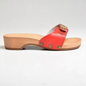 Size 7 1970s Dr. Scholl's Exercise Sandals Red Leather Wooden Sole Deadstock - Fashionconservatory.com