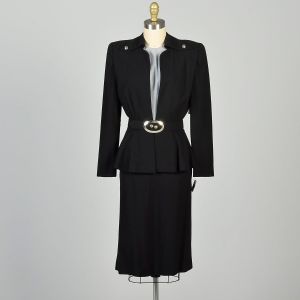 XS 1940s Set Dress and Jacket Set Black Belted Suit 