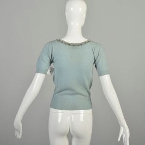 Small 1950s Baby Blue Cashmere Sweater Beaded Neckline Collar Short Sleeve Soft Pullover  - Fashionconservatory.com