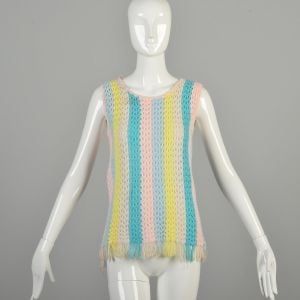 Medium 1970s Pastel Rainbow Knit Fringe Sweater Tank Top Sleeveless Crochet Summer Festival Top 