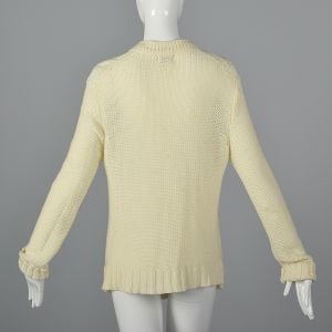 Medium White Sweater 1970s Cable Knit Button Down Long Sleeve Cardigan - Fashionconservatory.com