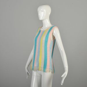 Medium 1970s Pastel Rainbow Knit Fringe Sweater Tank Top Sleeveless Crochet Summer Festival Top  - Fashionconservatory.com