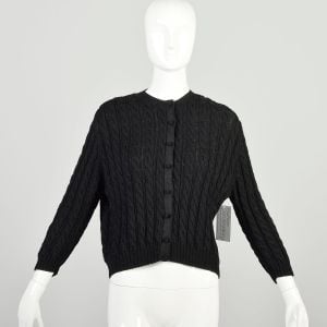 L-XL 1960s Black Wool Rib Knit Sweater Button Front Bracelet Sleeve 