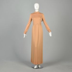 Small 1970s Tan Monochromatic Dress Jersey Knit Long Sleeve Solid Mock Neck Maxi Dress