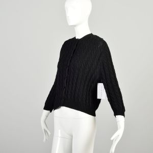 L-XL 1960s Black Wool Rib Knit Sweater Button Front Bracelet Sleeve  - Fashionconservatory.com