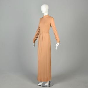 Small 1970s Tan Monochromatic Dress Jersey Knit Long Sleeve Solid Mock Neck Maxi Dress - Fashionconservatory.com