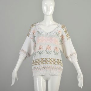 Large 1990s White Knit Sweater Flower Garden Novelty Pastel Lace Collar Short Sleeve Drop Shoulder