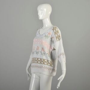 Large 1990s White Knit Sweater Flower Garden Novelty Pastel Lace Collar Short Sleeve Drop Shoulder - Fashionconservatory.com