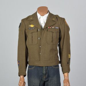 Medium 1944 Mens Military Ike Jacket with Pins Patches Wool Eisenhower Green Pockets 1940s WWII