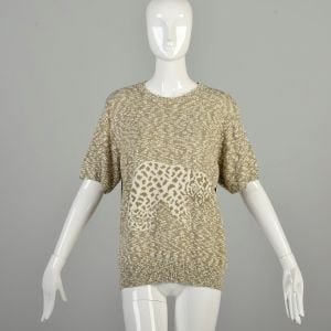 L-XL 1980s Tan Leopard Sweater Short Sleeve Novelty Exotic Wild Cat Knit Pullover 