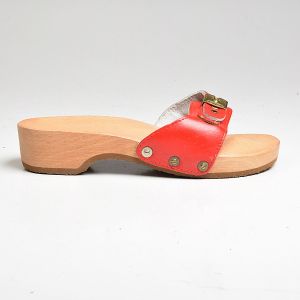 Sz 7 1970s Dr. Scholls Red Deadstock Wooden Sole Exercise Sandals - Fashionconservatory.com