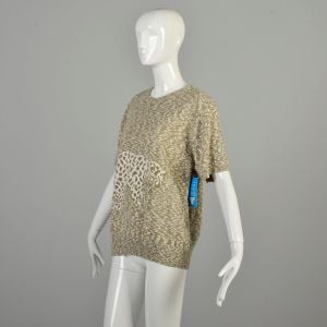 L-XL 1980s Tan Leopard Sweater Short Sleeve Novelty Exotic Wild Cat Knit Pullover  - Fashionconservatory.com